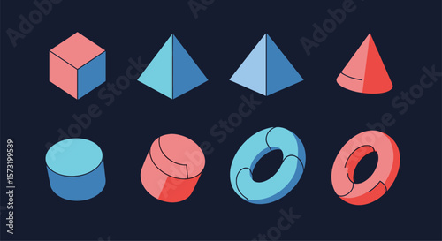 Collection of Geometric Shapes in Isometric Perspective with Minimalist Design and Vibrant Color Palette Against Dark Background