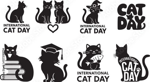 A set of International Cat Day silhouette vector image.