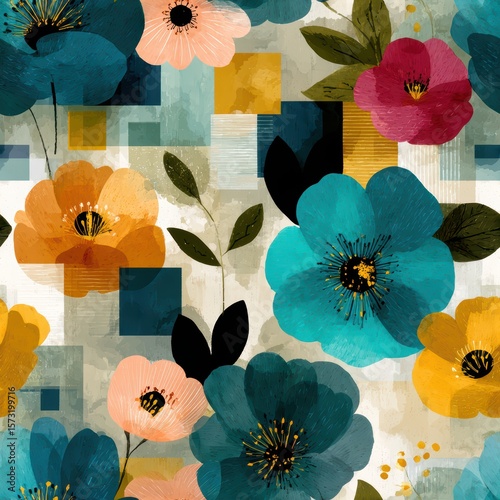 Colorful Floral Pattern with Geometric Shapes and Bold Colors