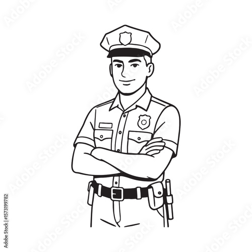 Black and white outline vector of male police officer in patrol uniform and equipment