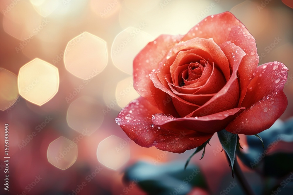 Close-up of a vibrant orange-red rose with dew drops, soft bokeh background Close-up of a vibrant orange-red rose with dew drops, soft bokeh background