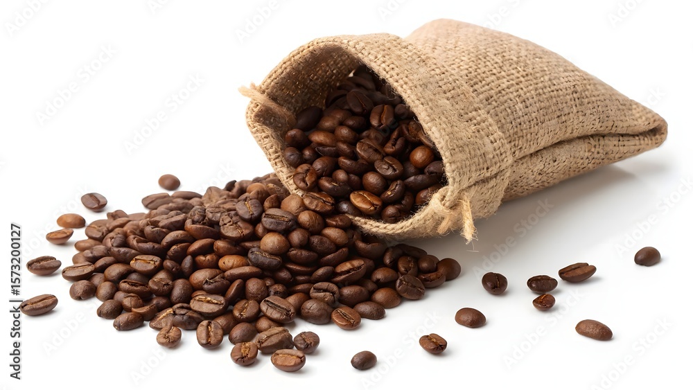 Fototapeta premium Roasted coffee beans spilling from a burlap sack