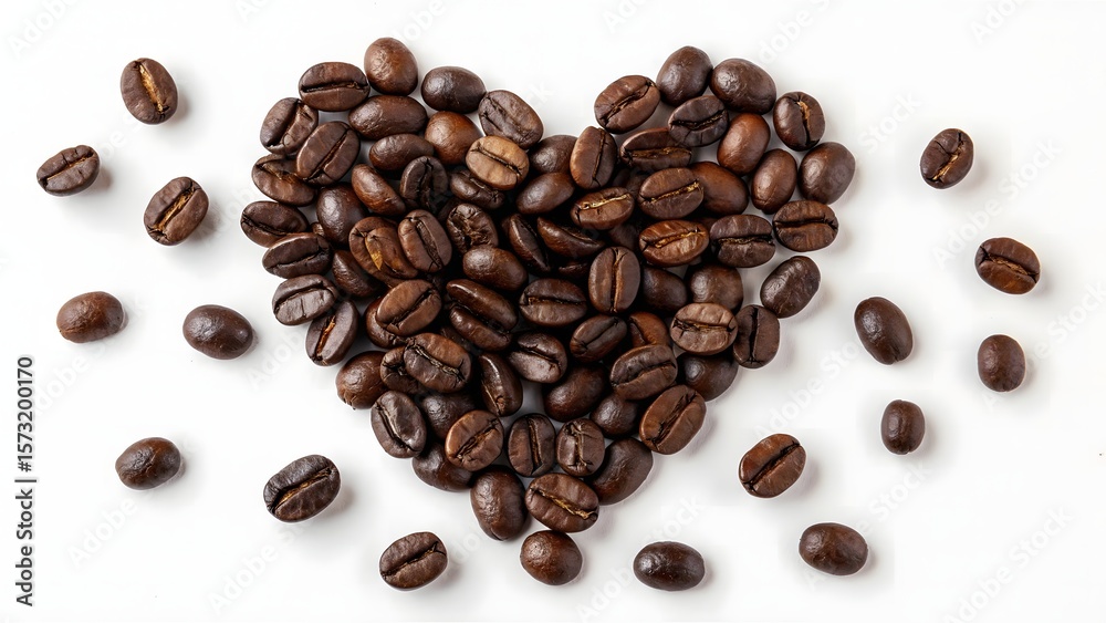 Obraz premium A heart shape is formed by dark roasted coffee beans on a white background