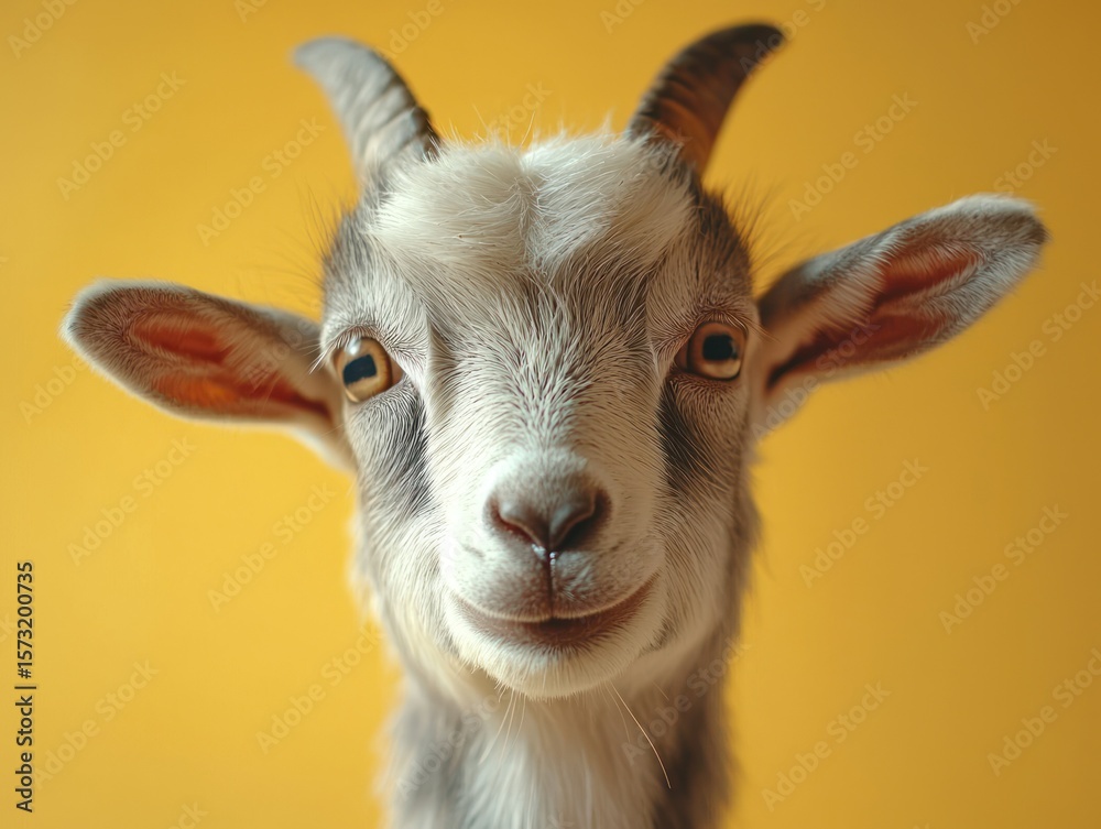 Obraz premium Close-up of a young goat with a happy expression, against a bright yellow background. The goat's fur is a mix of gray and white, and its large, expressive eyes are a striking contrast