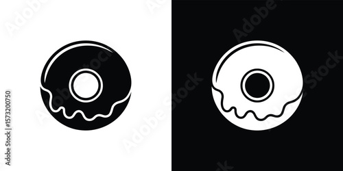 Donut with dripping glaze icon, black and white round glazed pastry sweet treat