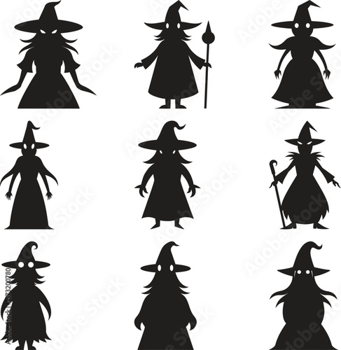 Silhouette illustration of various witches