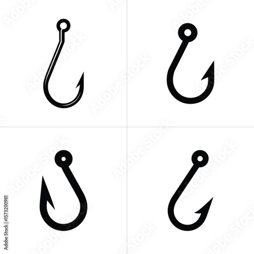 Four Fishhooks on a Transparent Background, Fishing Tackle, Hook and Line Symbol
