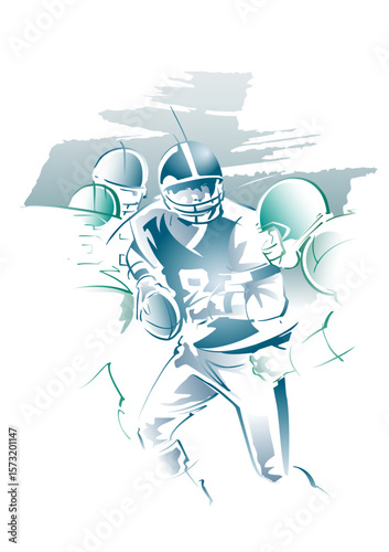 Drawing of several American football players in a game situation on a graphic background.