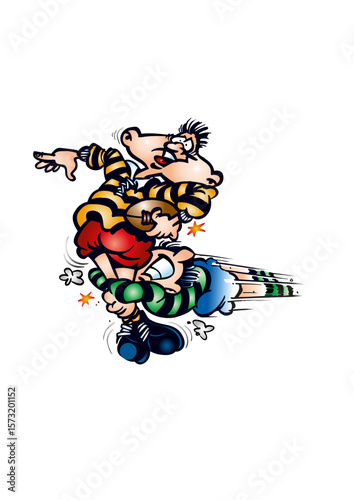 Rugby player running with the ball is tackled by an opponent