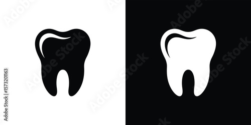 Healthy Tooth Icon on Split Background, Dental Care Silhouette Symbol