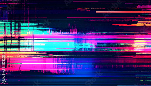 Abstract digital artwork featuring vibrant horizontal and vertical glitch-like lines in neon pink, blue, purple, and teal against a dark background.