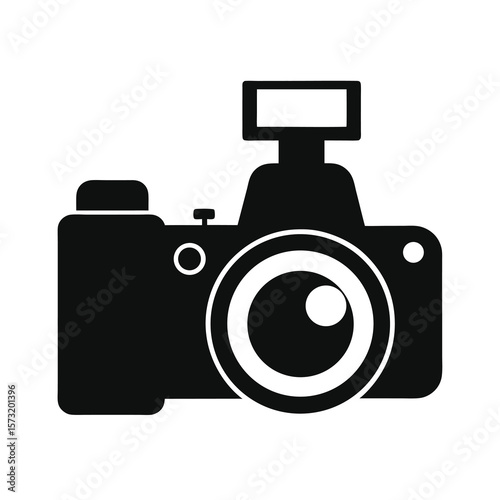 Silhouette of a camera with flash and lens for visual arts memories and photographer tools
