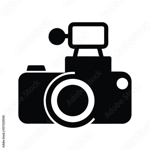Camera with lens and flash silhouette for photography technology and creative media design