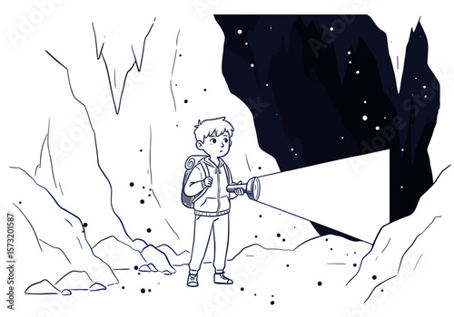 Boy with backpack exploring cave with flashlight at night