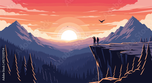 Two figures gaze at the breathtaking sunset painting the sky with vibrant hues over a majestic mountain landscape with silhouetted pine trees