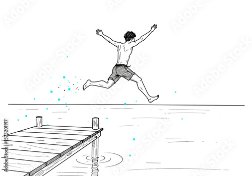Boy jumping from pier into water, line art illustration