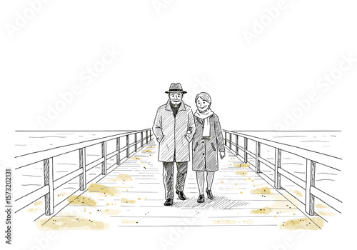 Elderly couple walking on seaside pier sketch line art illustration