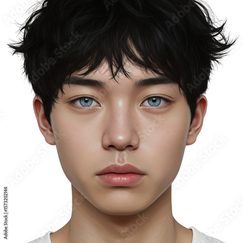 Close up Portrait of Young Man with Blue Eyes and Short Black Hair
