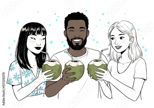 Three diverse young adults drinking coconut water line art illustration