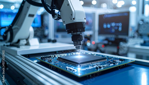 A robotic arm assembling or inspecting a microchip on a circuit board in a high-tech laboratory environment.