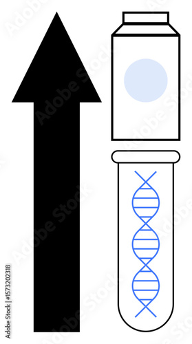 Test tube containing DNA helix next to an upward arrow, symbolizing advancements in genetics, biotechnology, and scientific innovation. Ideal for science, innovation, research, progress, technology