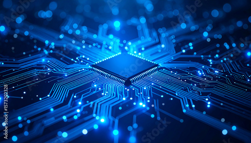 A glowing blue microchip on a circuit board with radiant pathways and digital light effects.