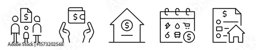 Conjunto de iconos de presupuesto familiar. Recursos económicos del hogar. Administración, control del dinero, finanzas, planificación mensual y patrimonio