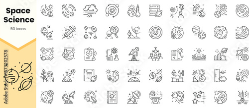 A collection of 50 line icons representing space science themes including planets, telescopes, astronauts, and various astronomical phenomena.