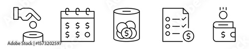 Conjunto de iconos de ahorro diario. Hábitos financieros. Ahorrar, planificación, acumulación de fondos, control de gastos y efectivo 