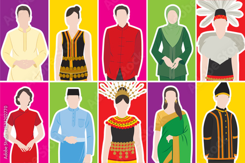 Vector illustration of colours of Malaysia. Malay, Indian, Chinese, India, Kadazan, Iban. Flat design. Malaysia main ethnic groups with traditional costume
