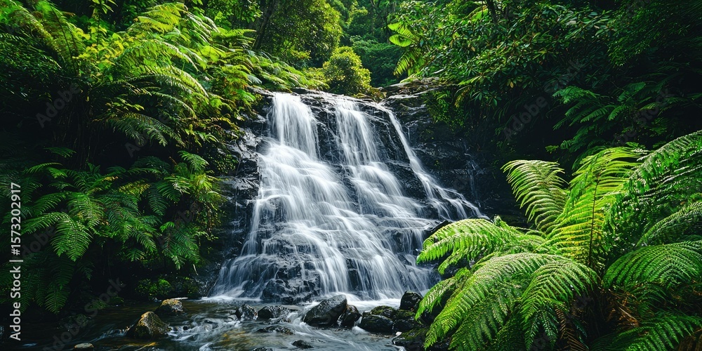 Fototapeta premium A waterfall surrounded by ferns and lush greenery