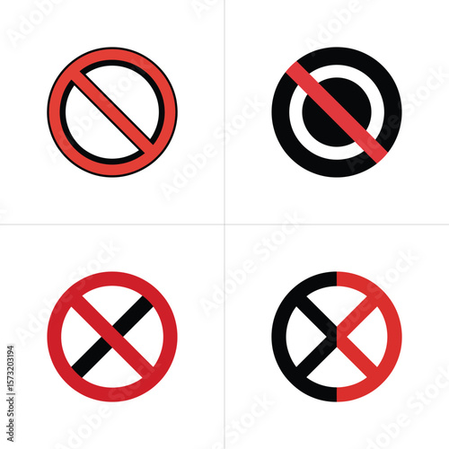 Red prohibition symbol circle with line over white background, no entry signs