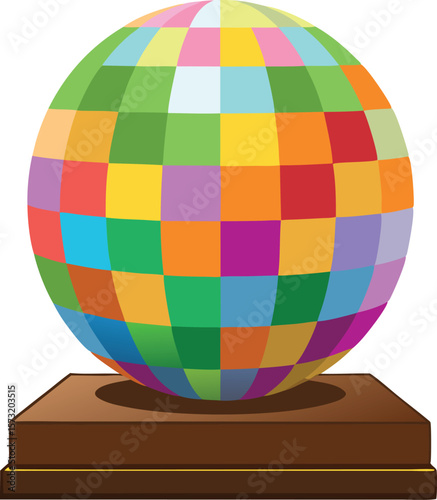 Colorful geometric sphere on a wooden pedestal