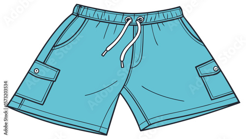 Men's Teal Cargo Swim Trunks Flat Lay Illustration