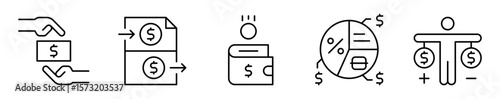 Conjunto de iconos de ingresos y gastos. Gestión financiera. Ingreso monetario, egresos, ahorro, planificación y comparación económica