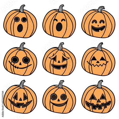 A collection of nine carved pumpkins, each with a unique facial expression. The pumpkins are orange with black carved faces, displaying a range of emotions from happy and surprised to angry.
