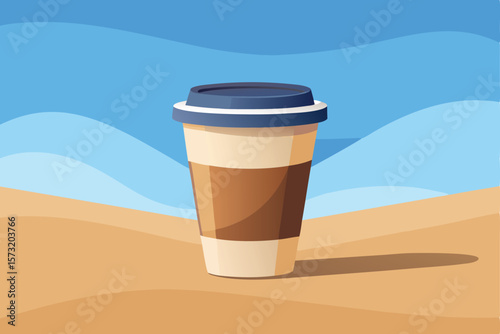 Coffee cup on a sandy beach with a blue sky background