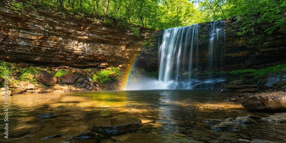 Fototapeta premium A waterfall with rainbow reflections in the morning light