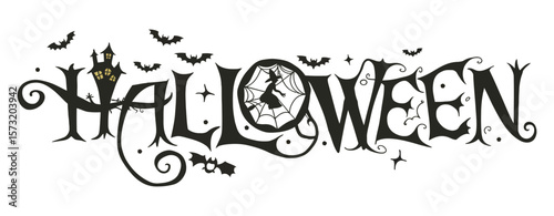 Editable Halloween banner design with bats, full moon, ominous branches and pretty witch vector logo


