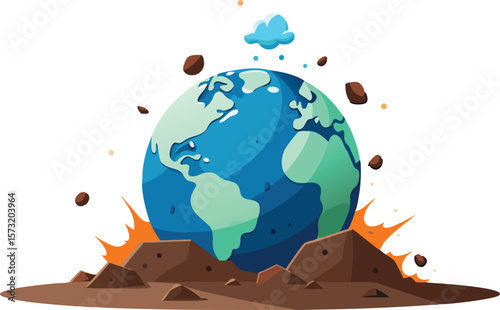 Earth under asteroid impact with cloud and debris