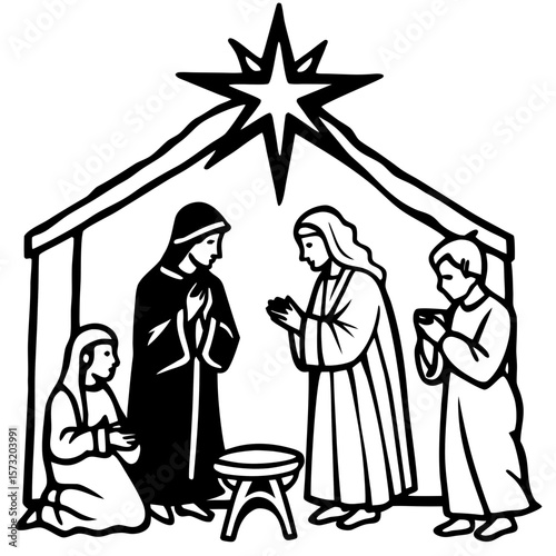 A beautifully detailed nativity set, with hand-painted figurines and a glowing star above