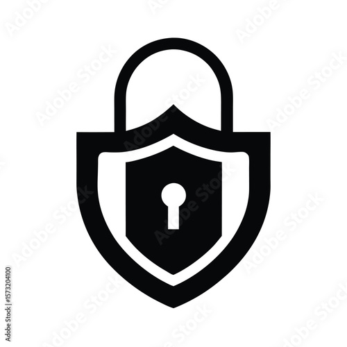 Lock with shield silhouette for security data protection safety and privacy technology