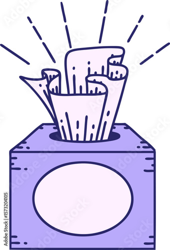 illustration of a traditional tattoo style box of tissues in bright neon color