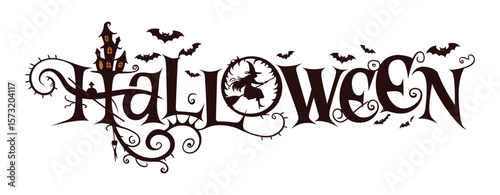  Halloween vector banner featuring pretty witch, bats, spooky tree branches and logo on full moon background


