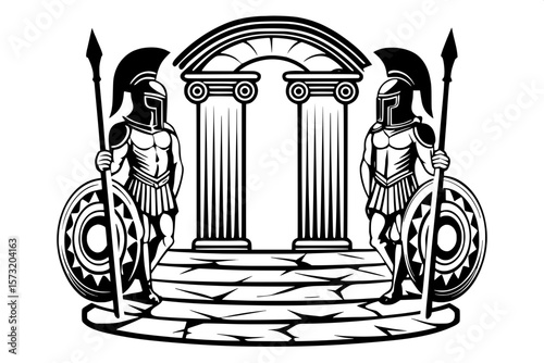 "Two black silhouettes of classical hoplites with spears, standing guard on either side of a temple-like archway. A stone platform supports the structure, and the design is flat, balanced, and highly 