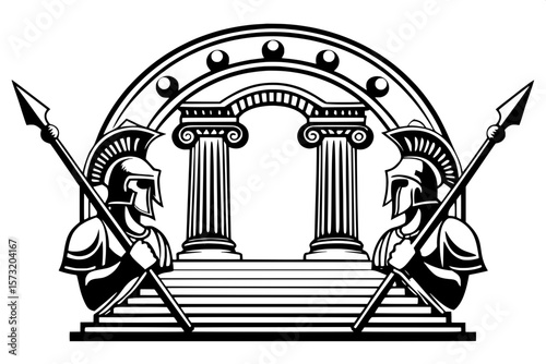 "Two black silhouettes of classical hoplites with spears, standing guard on either side of a temple-like archway. A stone platform supports the structure, and the design is flat, balanced, and highly 