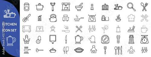 Kitchen Utensil icon set. Editable Stroke Icon Collection. Includes chopping board, cooking pots, frying pan, grater, kitchen scale, and More. Outline icons vector collection