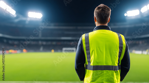 Event steward views an illuminated football field at night from the pitchside. The stadium is full of fans for the event.