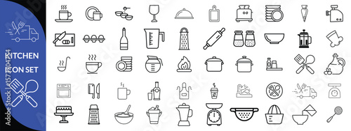 Kitchen Utensil icon set. Editable Stroke Icon Collection. Includes chopping board, cooking pots, frying pan, grater, kitchen scale, and More. Outline icons vector collection