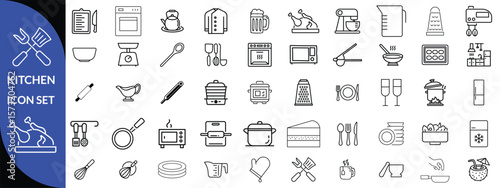 Kitchen Utensil icon set. Editable Stroke Icon Collection. Includes chopping board, cooking pots, frying pan, grater, kitchen scale, and More. Outline icons vector collection